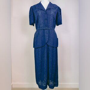 1940s Vintage Navy Peplum Lace Dress